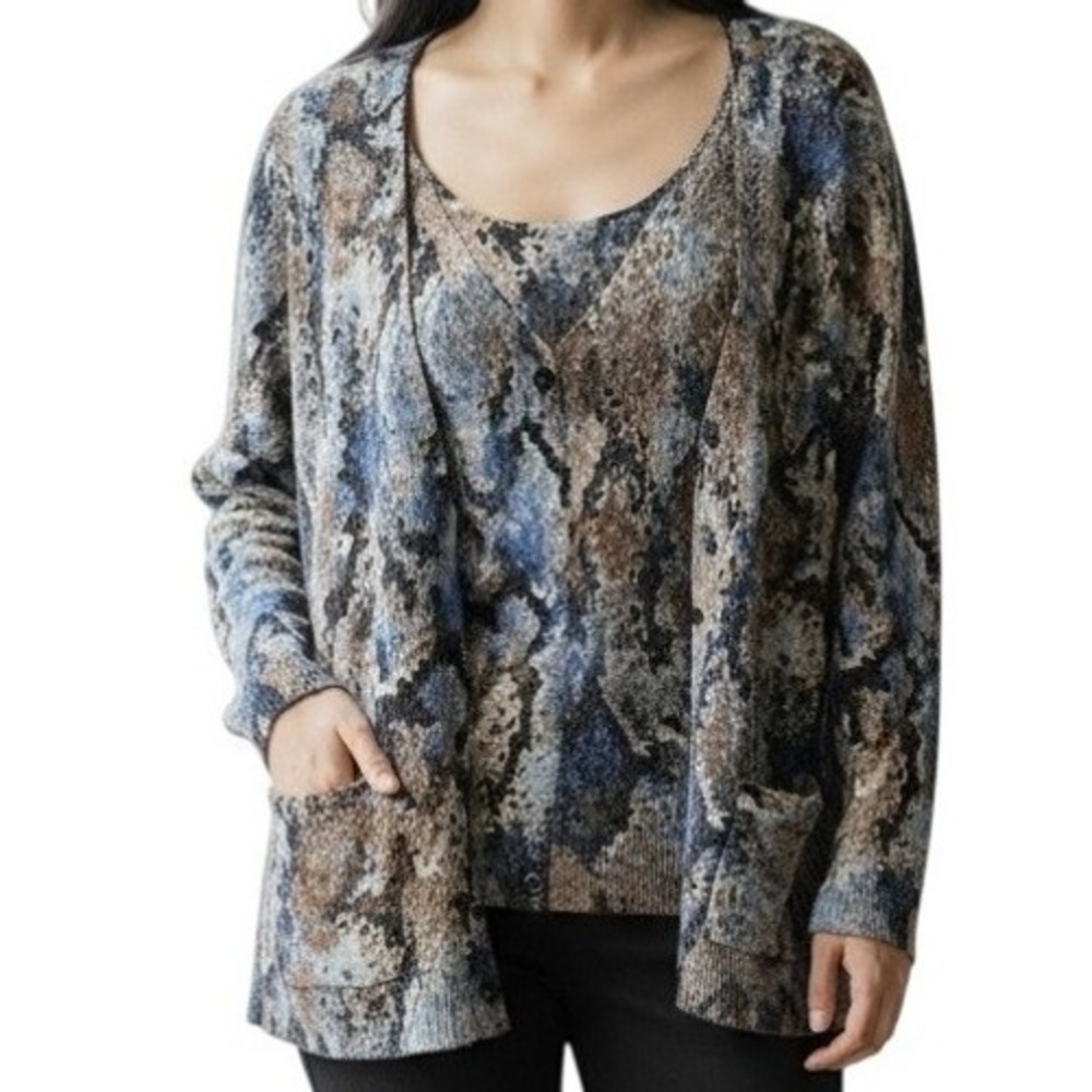 GERARD DAREL Wool Cardigan Twinset Snakeskin Print Knit Blue Brown Size 2‎